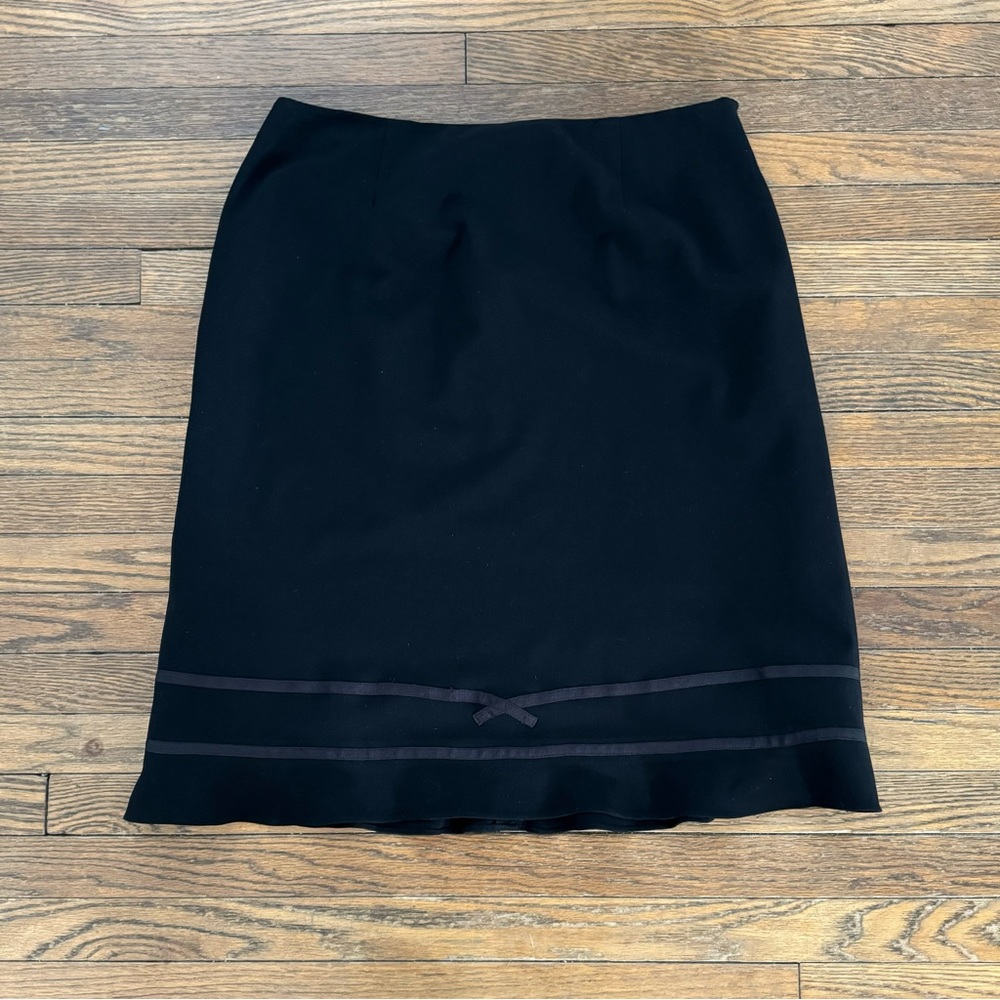 Flirty Black Stretch SZ 16 Larry Levine Flare Skirt w Ribbon Trim + Bow
